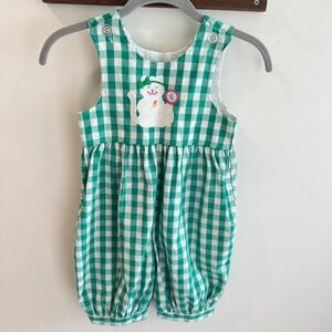 Kellys Kids Vintage Green Gingham Cat Embroidered Romper Bubble Sunsuit 4T USA
